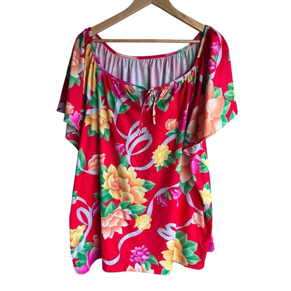 Vintage Hawaiian Floral Women's Size 4X Shirt Off Shoulder Peek A boo Front Tie - Picture 1 of 5